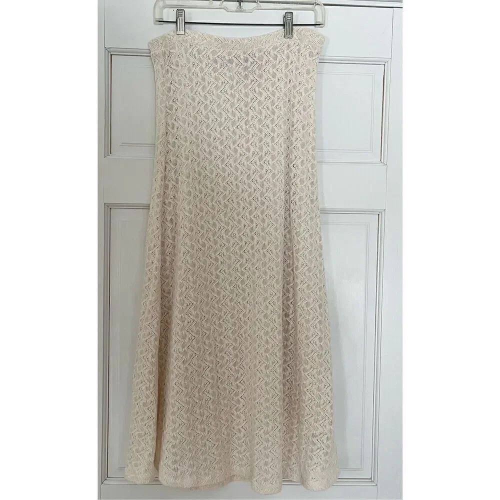 New York & Company Women’s S Vintage Crochet Knit Midi Skirt White Cream Coquett